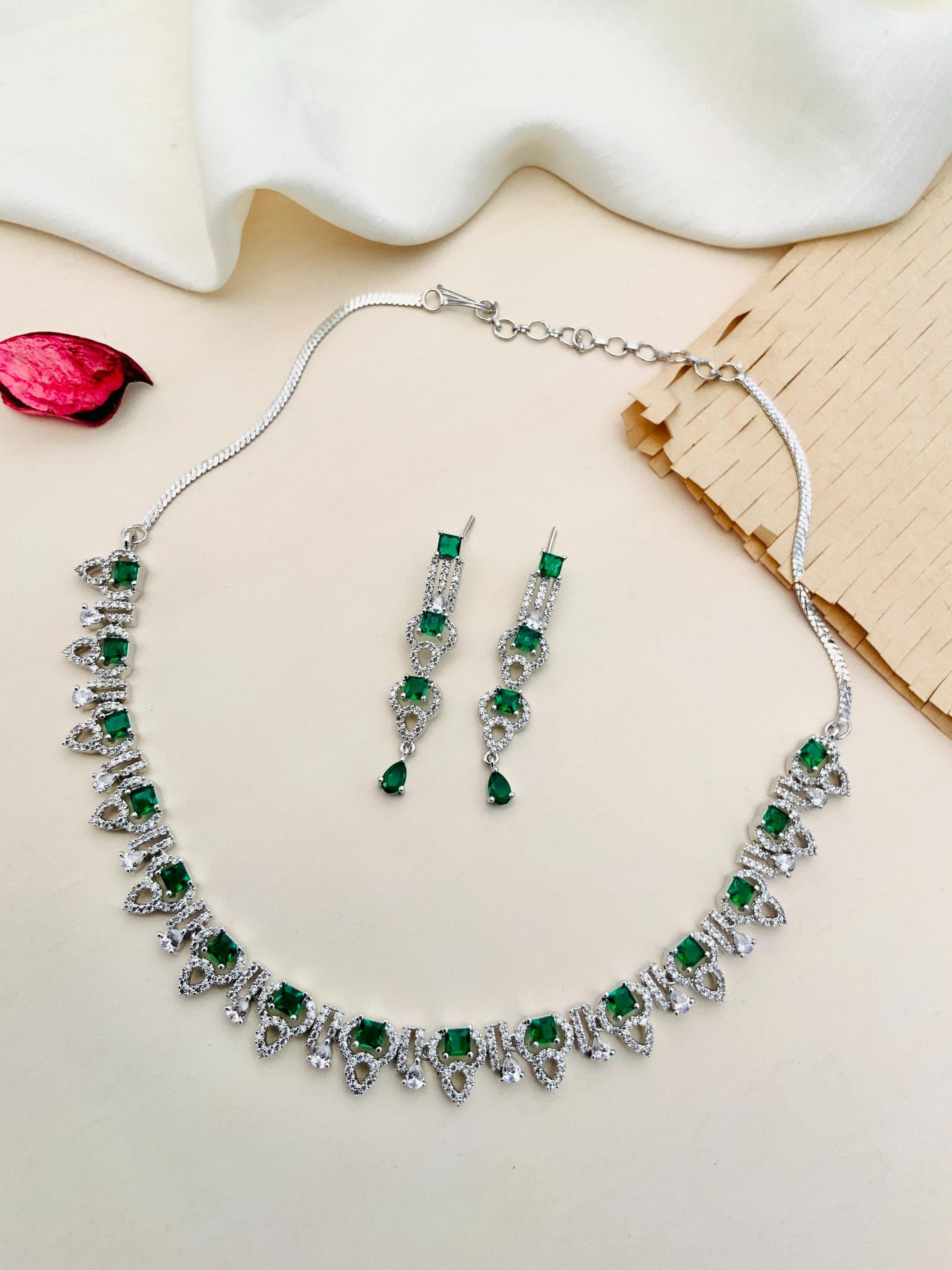 Premium Silver Plated American Diamond Necklace Set