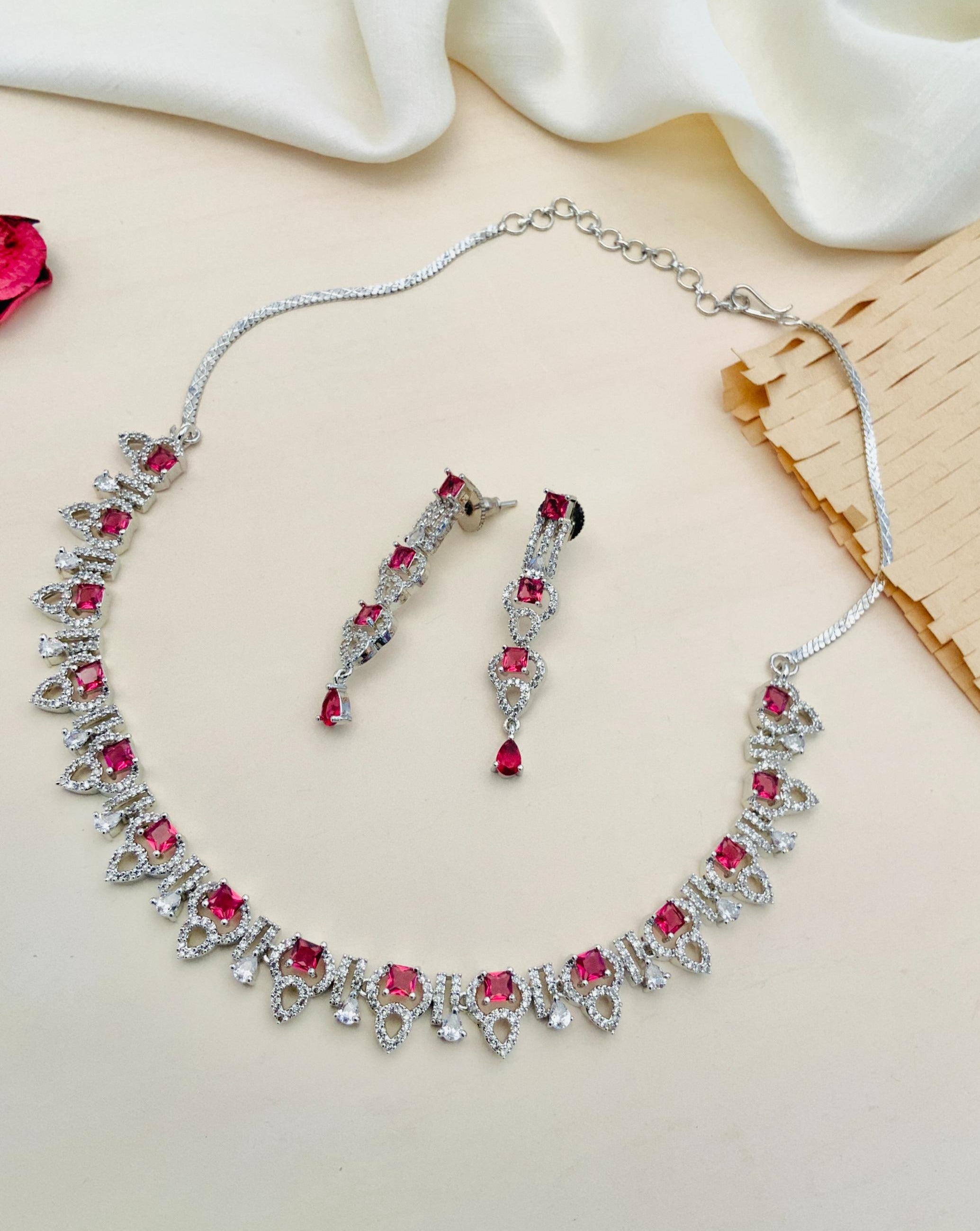 Premium Silver Plated American Diamond Necklace Set