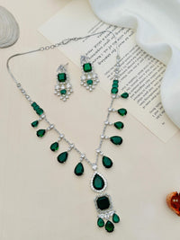 Thumbnail for Timeless Silver Plated Emerald American Diamond Necklace Set