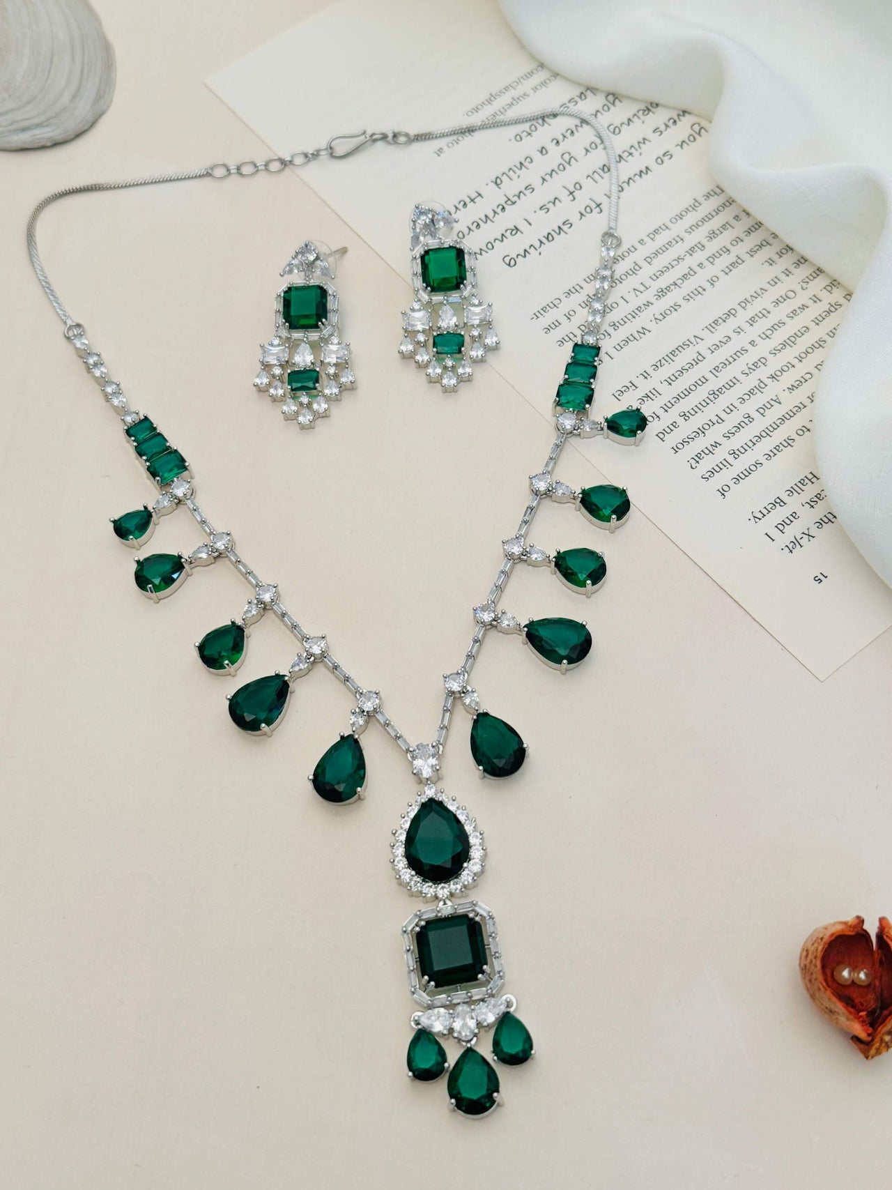 Timeless Silver Plated Emerald American Diamond Necklace Set