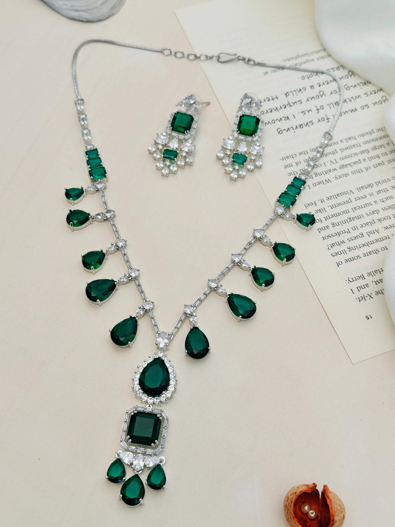 Timeless Silver Plated Emerald American Diamond Necklace Set