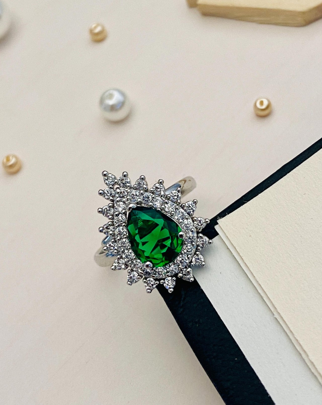Classic Emerald Silver Plated American Diamond Ring - Abdesignsjewellery