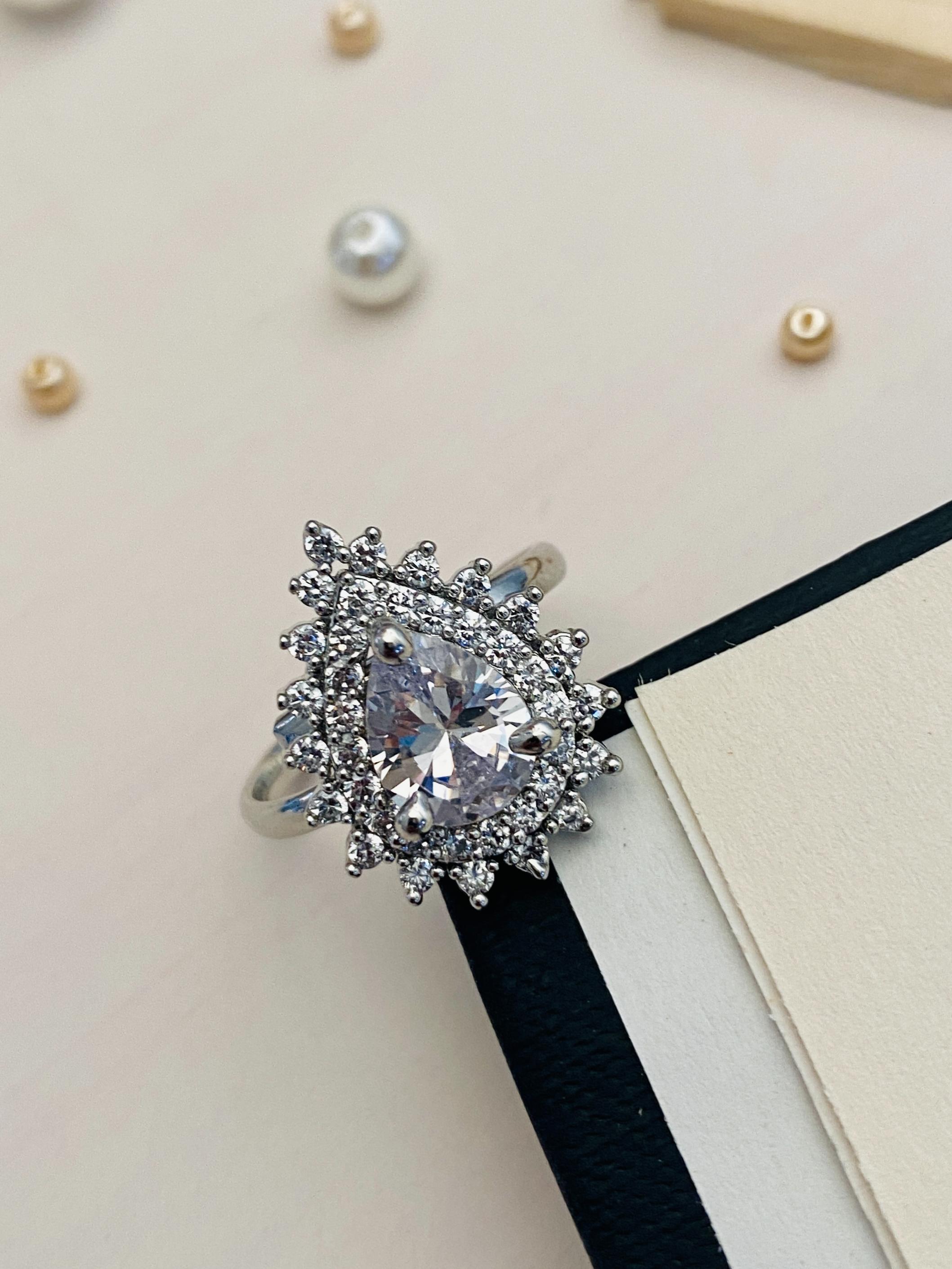 Classic Emerald Silver Plated American Diamond Ring - Abdesignsjewellery