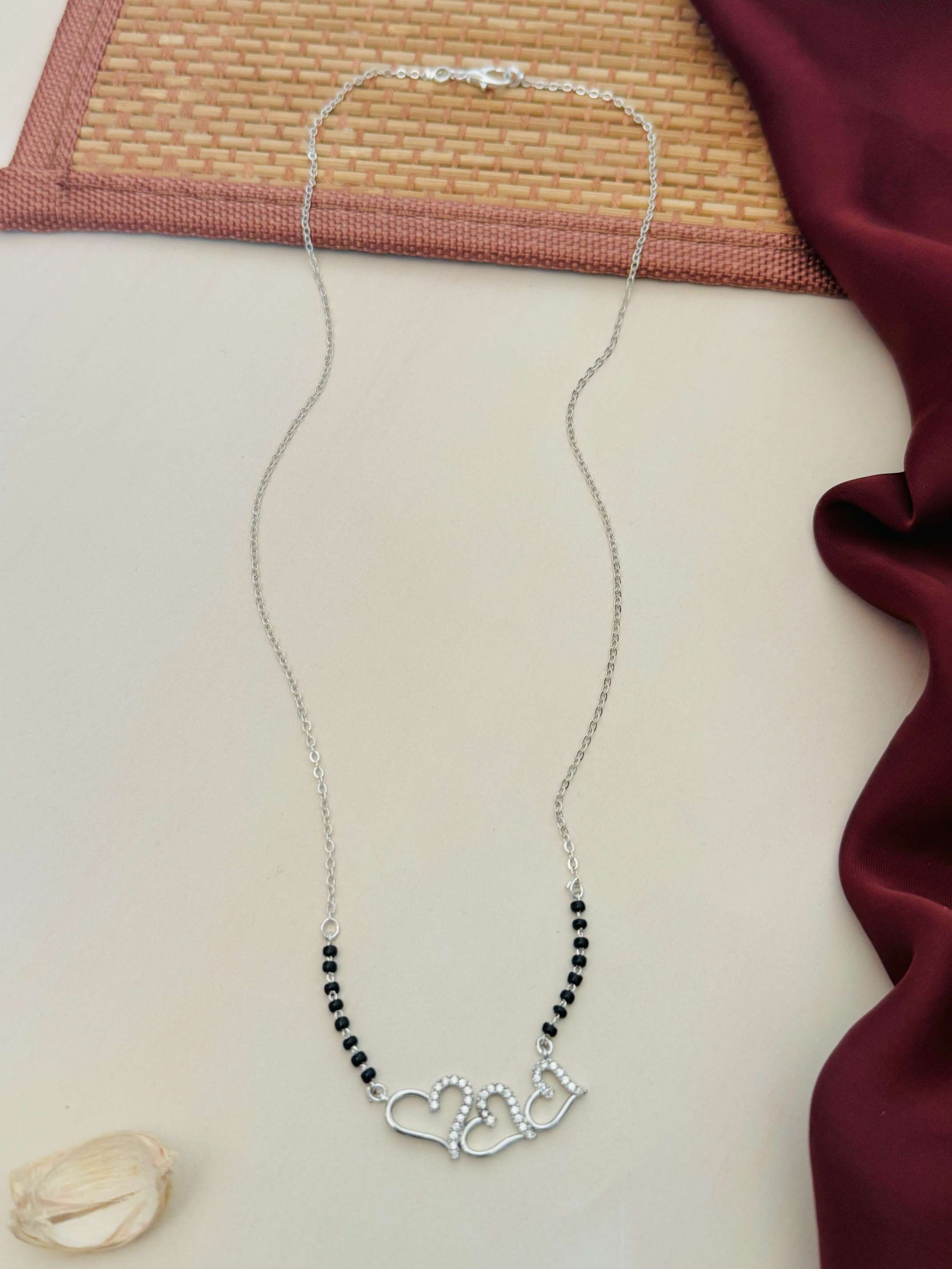 Triple Heart Silver Plated American Diamond Mangalsutra