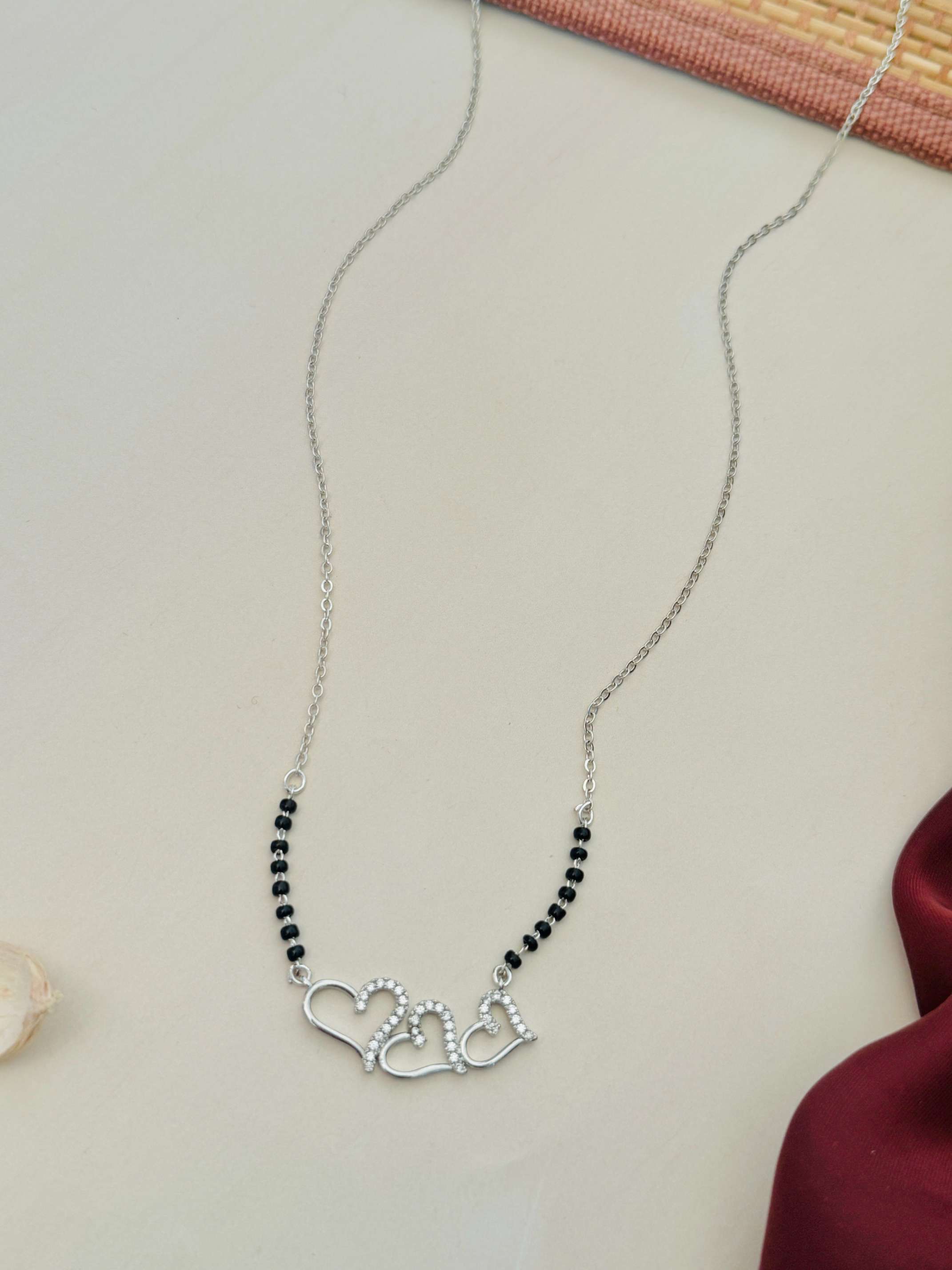 Triple Heart Silver Plated American Diamond Mangalsutra