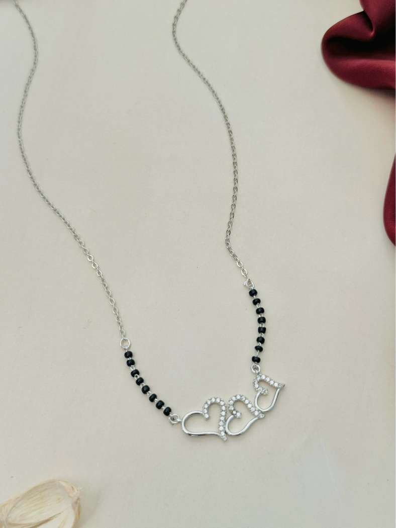 Triple Heart Silver Plated American Diamond Mangalsutra