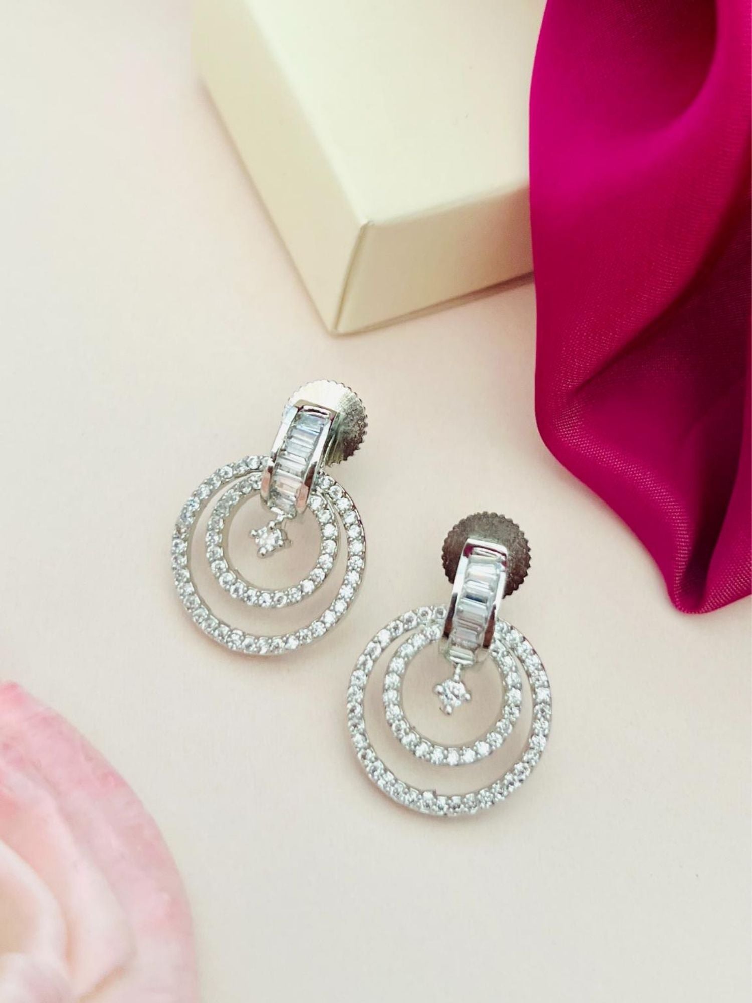 Stunning Silver Plated American Diamond Earring with dual circular design and sparkling stones by Abdesignsjewellery