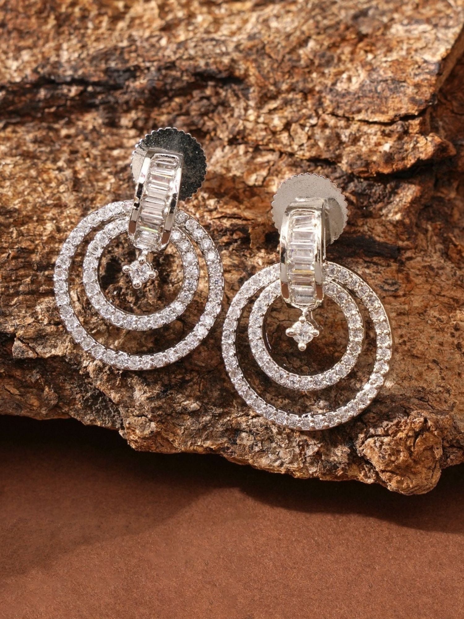 Stunning Silver Plated American Diamond Earring with double circular design and sparkling stones