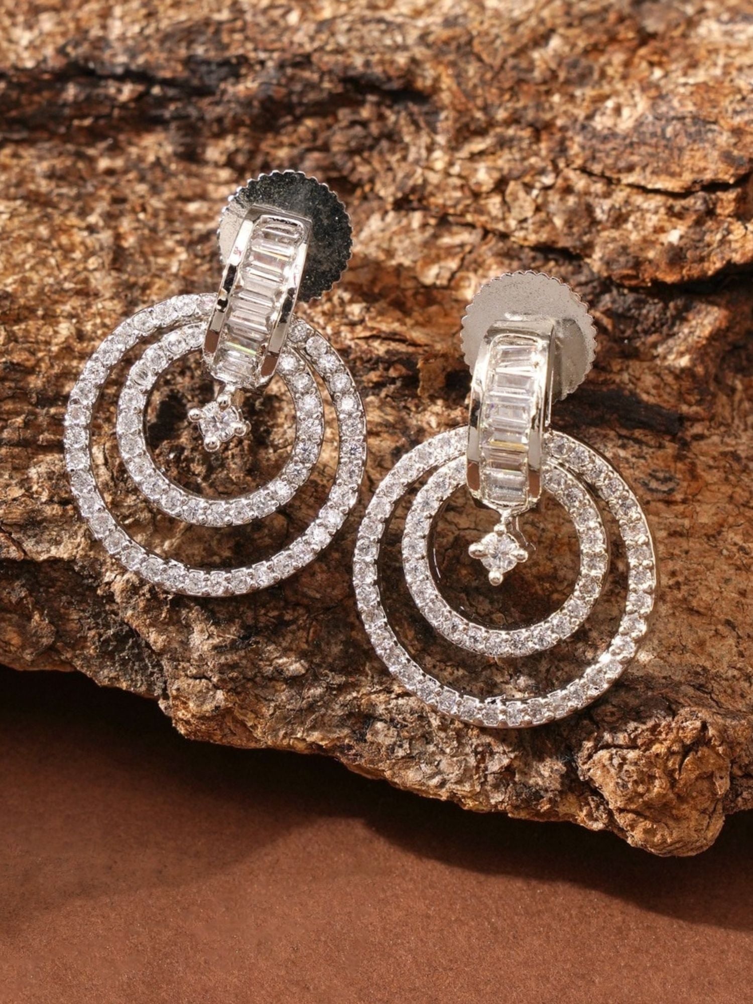 Stunning Silver Plated American Diamond Earring with double circular design and baguette crystals