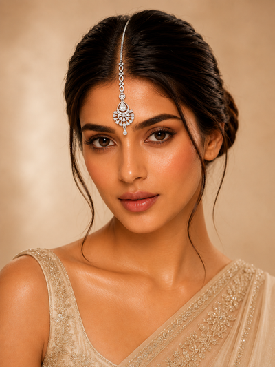 Abdesigns Silver Plated CZ Bridal Elegant Teardrop Maangtikka