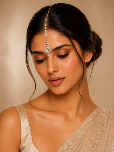 Abdesigns Silver Plated American Diamond Round Maangtikka