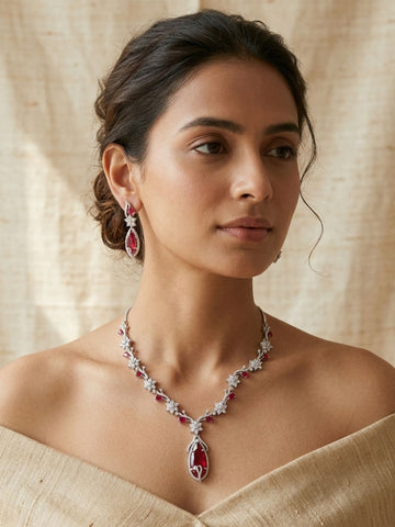 Floral American Diamond Blue Stone Necklace Set