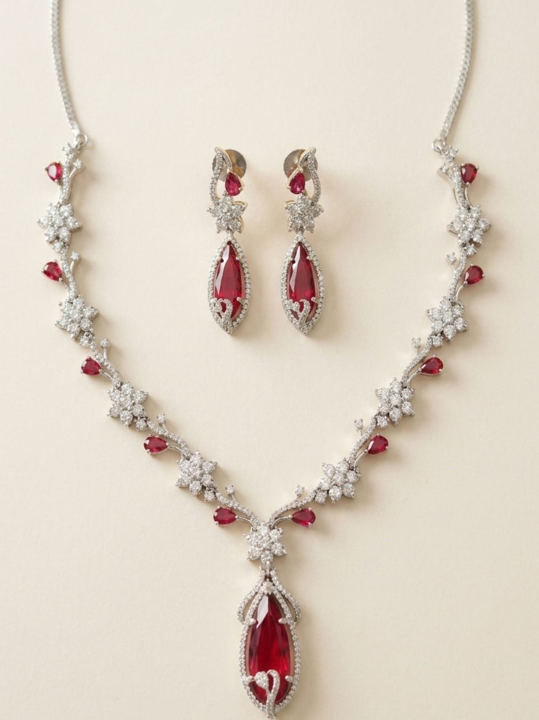 Floral American Diamond Blue Stone Necklace Set
