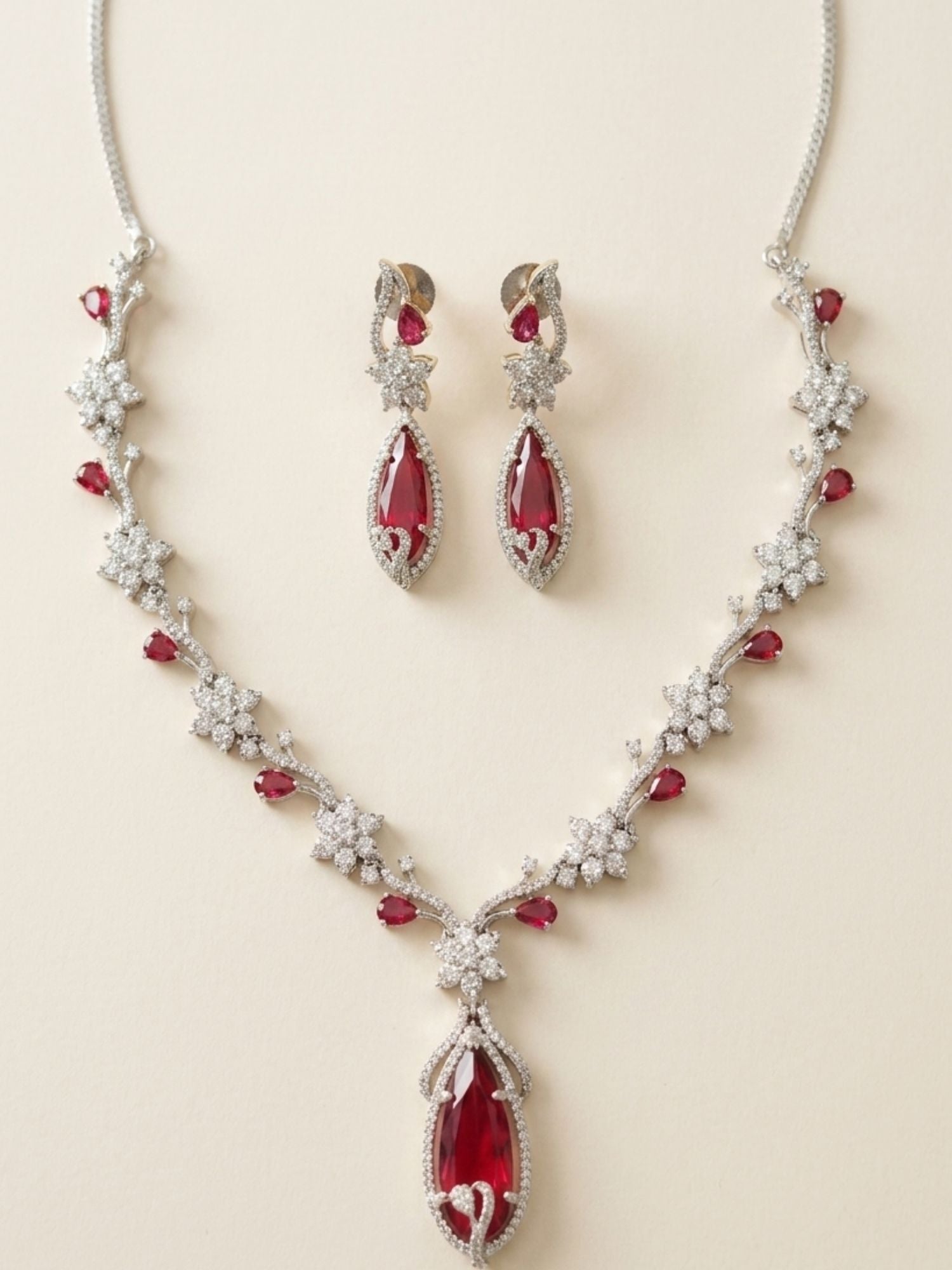Floral American Diamond Blue Stone Necklace Set