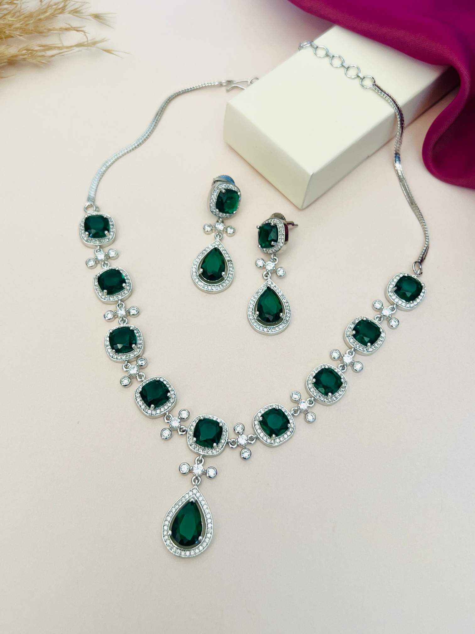 American Diamond Necklace in Silver Finish