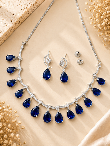 Royal Blue American Diamond Necklace Set Regal Glam | Abdesigns