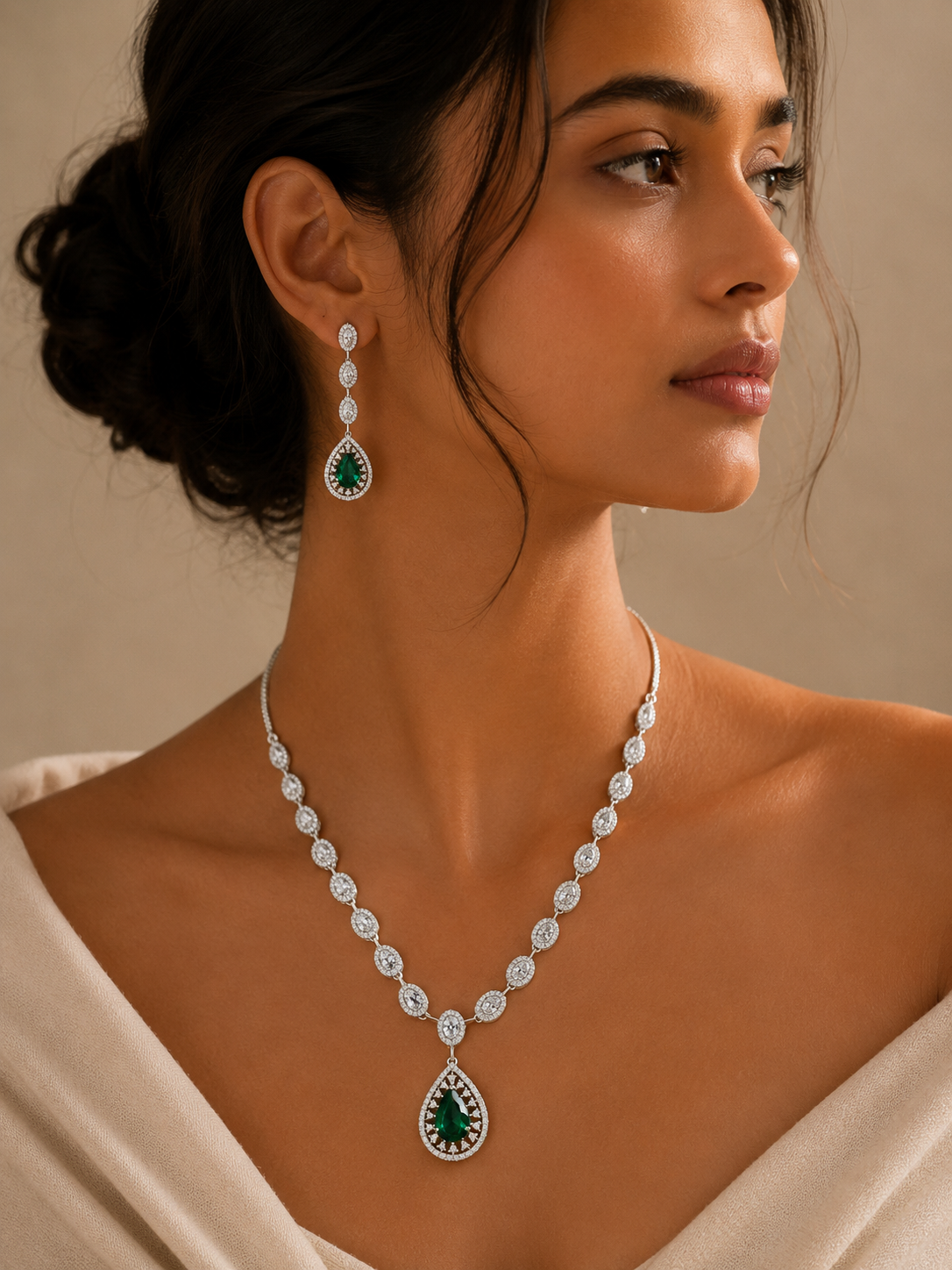 Silver Plated Green Stone Jewellery Set – Luxury Glam - necklace by Abdesigns Jewellery