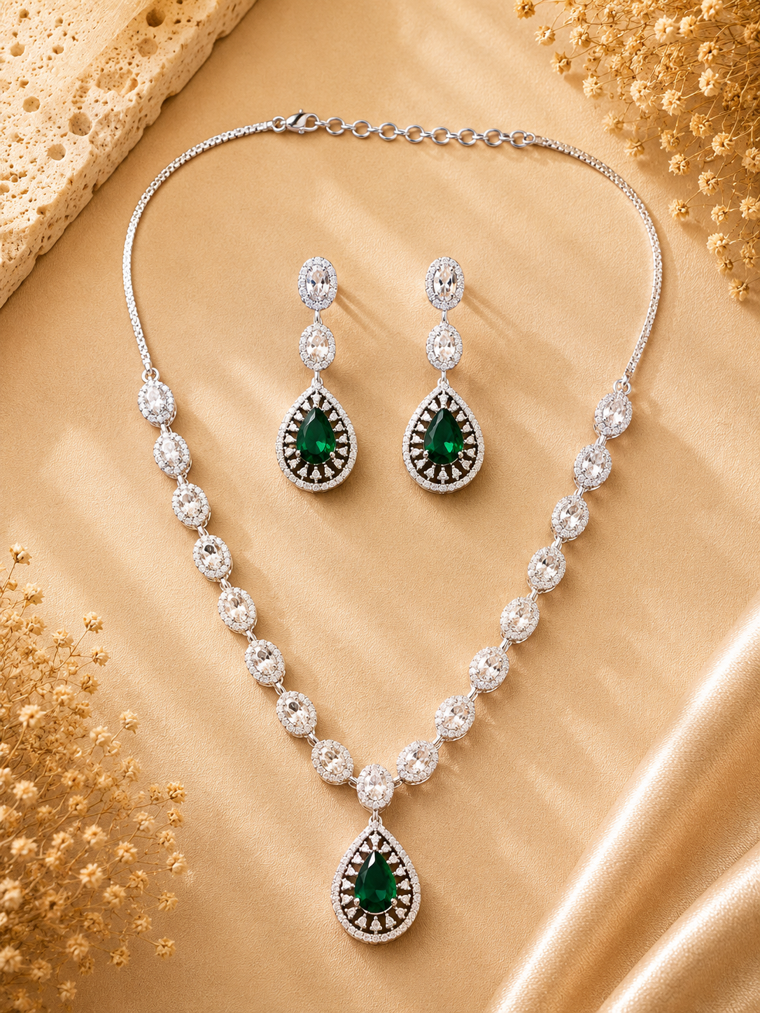 Silver Plated Green Stone Jewellery Set – Luxury Glam - necklace by Abdesigns Jewellery