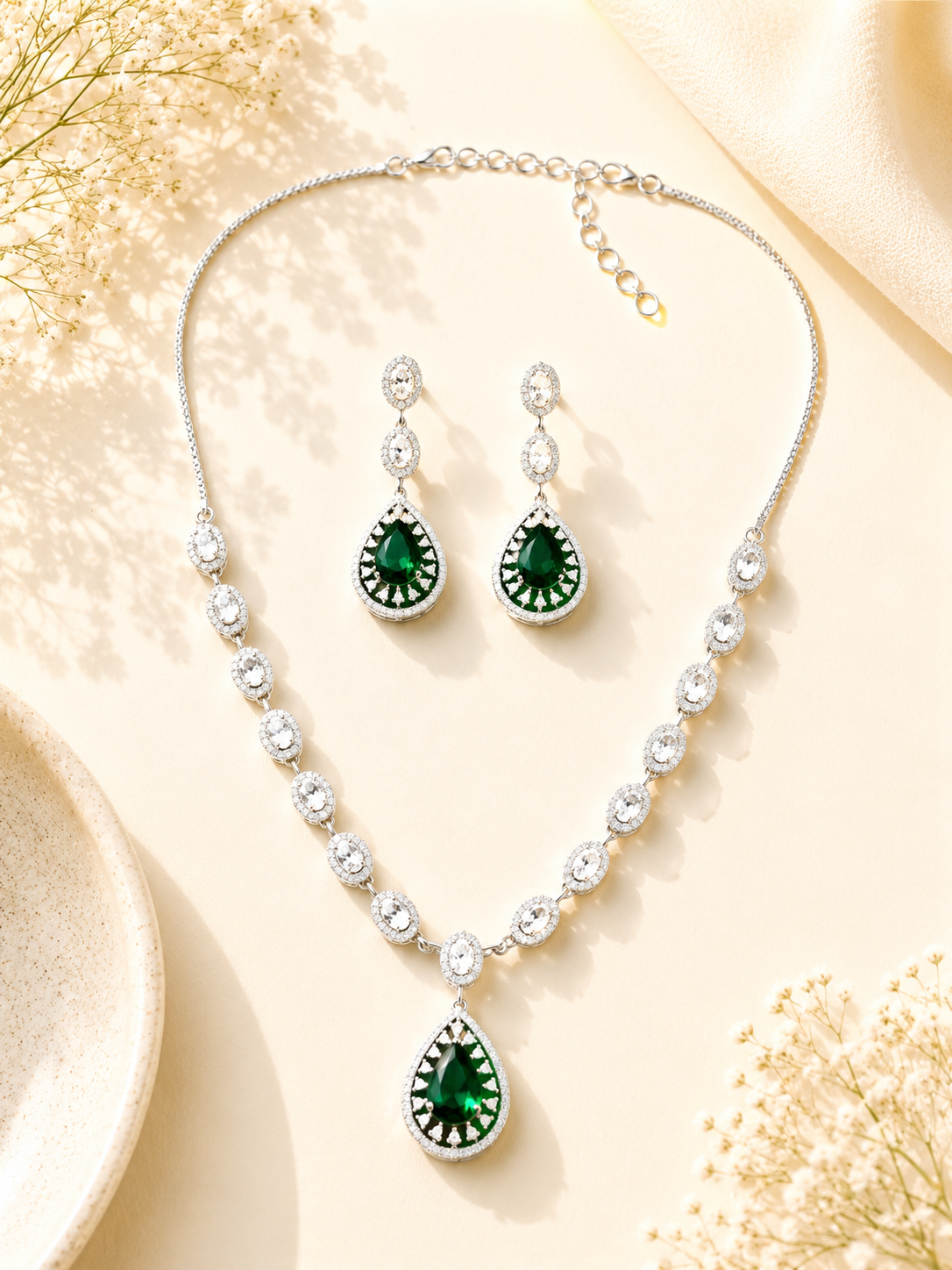 Silver Plated Green Stone Jewellery Set – Luxury Glam - necklace by Abdesigns Jewellery