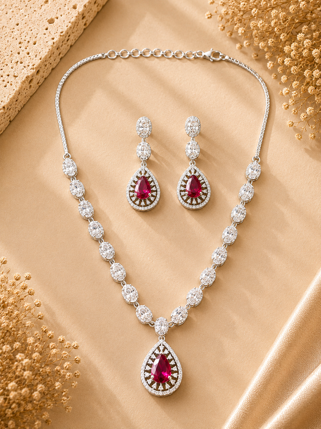 Silver Plated Green Stone Jewellery Set – Luxury Glam - necklace by Abdesigns Jewellery