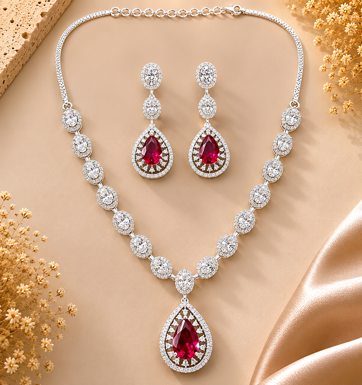 Silver Plated Green Stone Jewellery Set – Luxury Glam - necklace by Abdesigns Jewellery