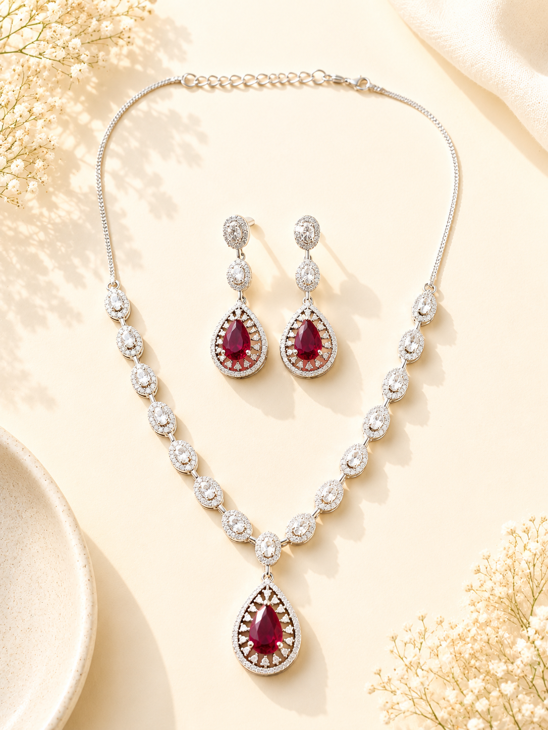 Silver Plated Green Stone Jewellery Set – Luxury Glam - necklace by Abdesigns Jewellery