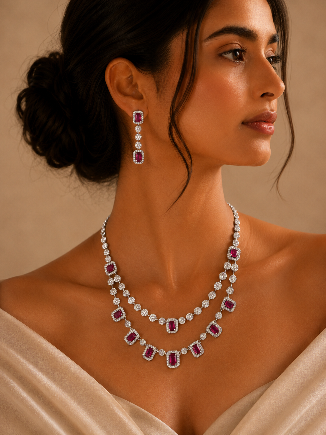Double Layer Ruby Necklace Set – Stylish Festive Glam - necklace by Abdesigns Jewellery