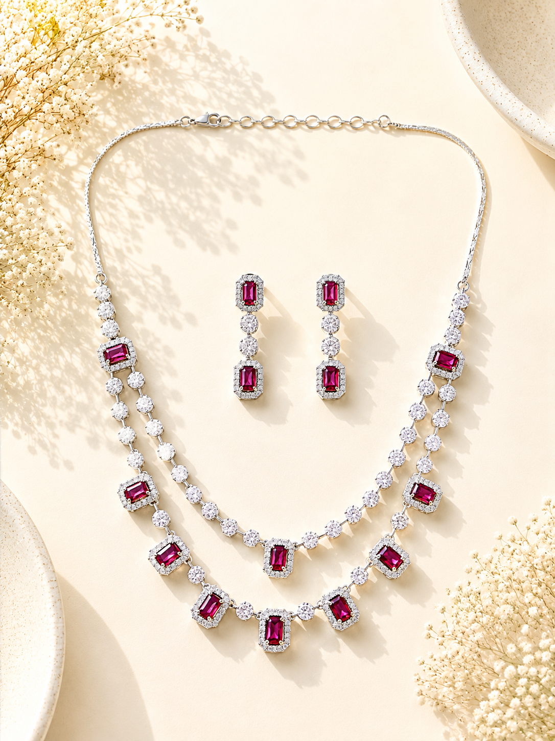 Double Layer Ruby Necklace Set – Stylish Festive Glam - necklace by Abdesigns Jewellery