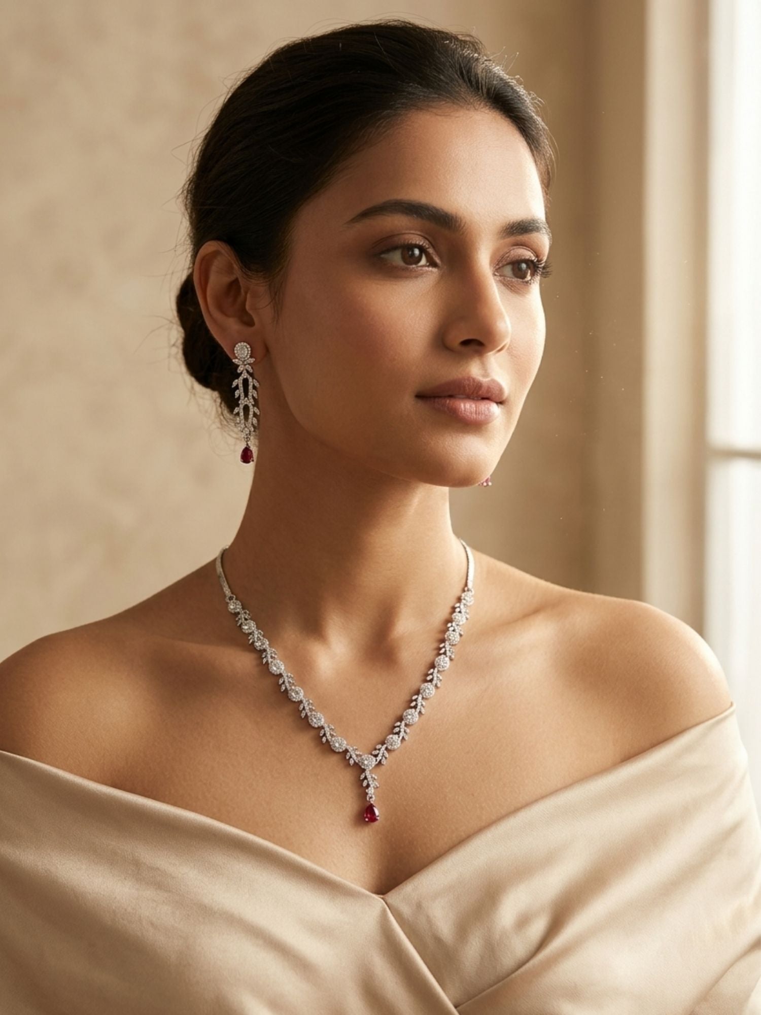 Silver Tone Floral Ruby Necklace Set – Elegant Glam | Abdesigns