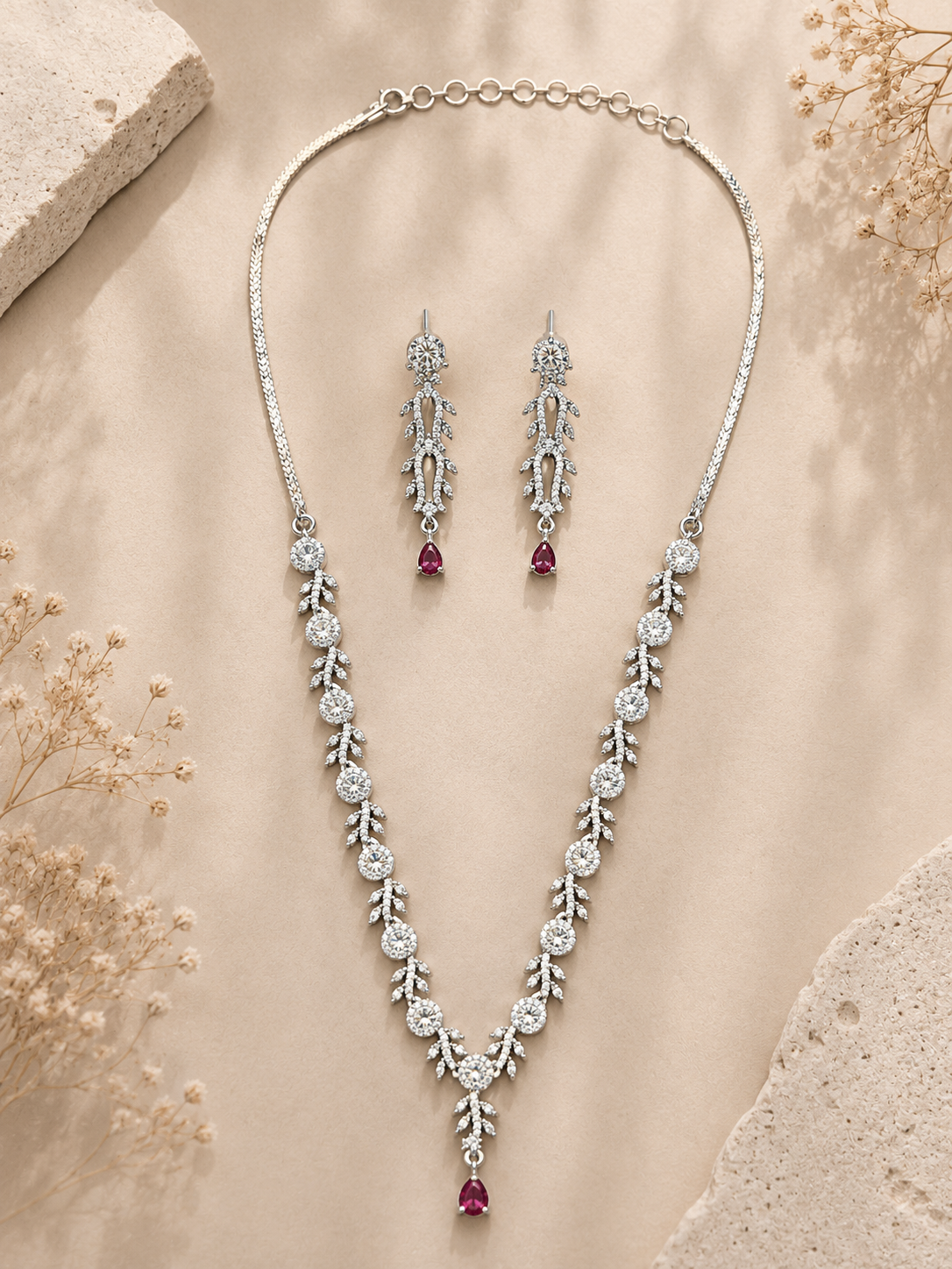 Silver Tone Floral Ruby Necklace Set – Elegant Glam | Abdesigns