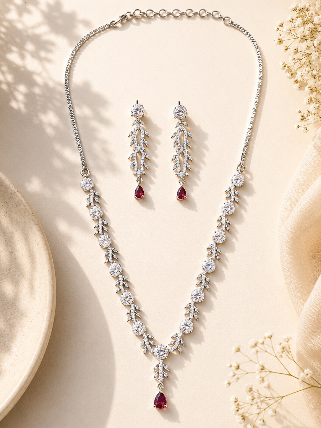 Silver Tone Floral Ruby Necklace Set – Elegant Glam | Abdesigns