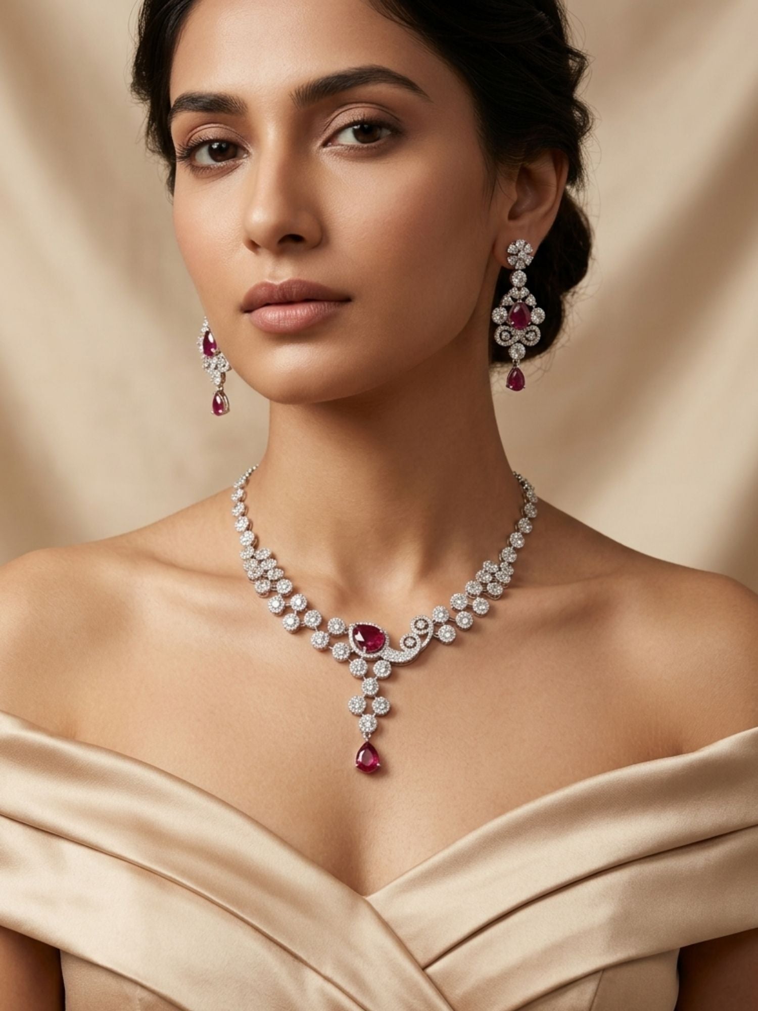 Red CZ Party Wear Jewellery Set – Designer Festive Glam | Abdesigns
