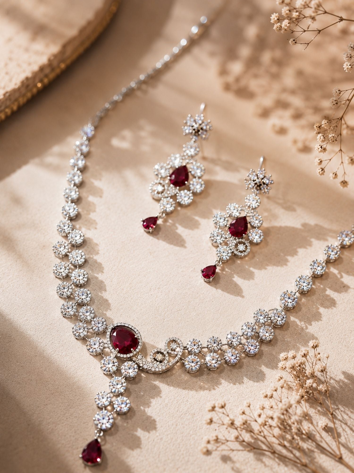Red CZ Party Wear Jewellery Set – Designer Festive Glam | Abdesigns