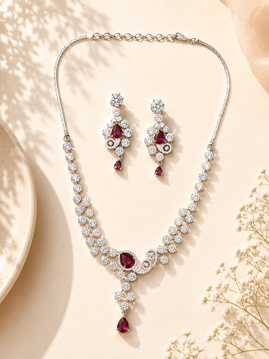 Red CZ Party Wear Jewellery Set – Designer Festive Glam | Abdesigns
