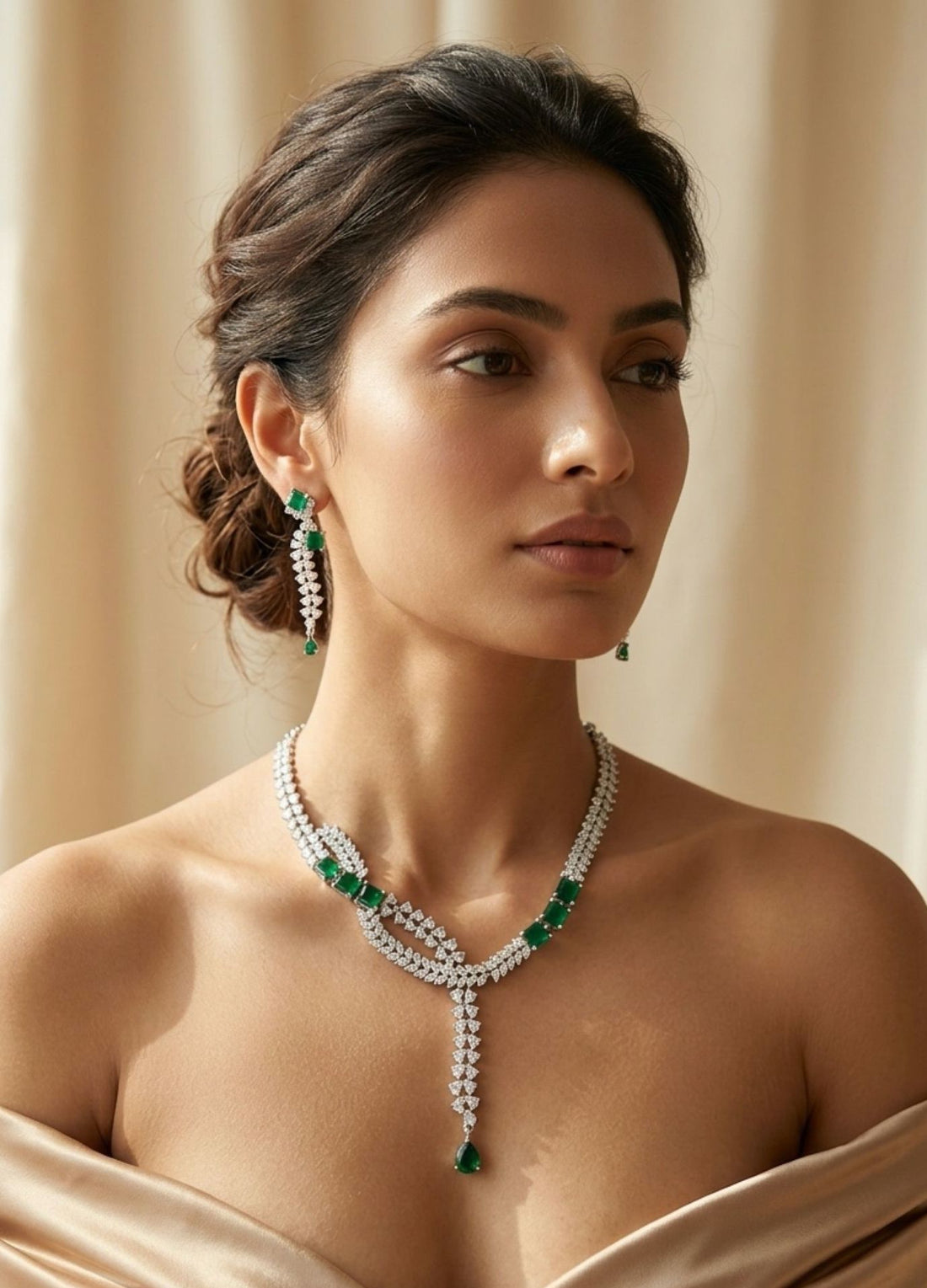 Emerald Green American Diamond Layered Necklace Set | Abdesigns