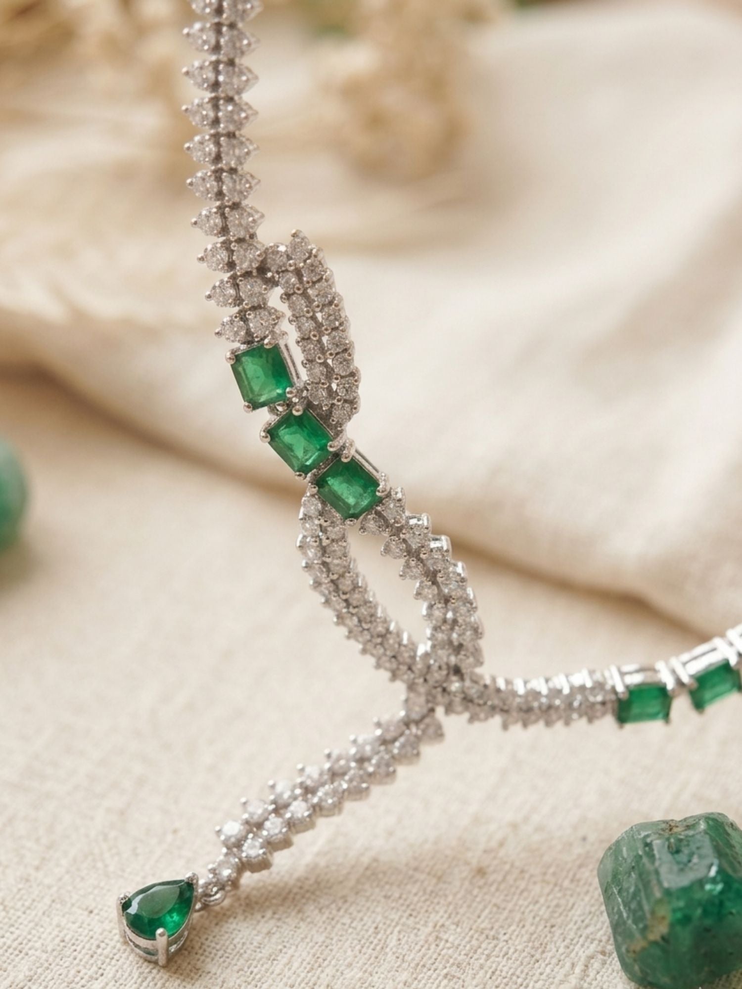 Emerald Green American Diamond Layered Necklace Set | Abdesigns