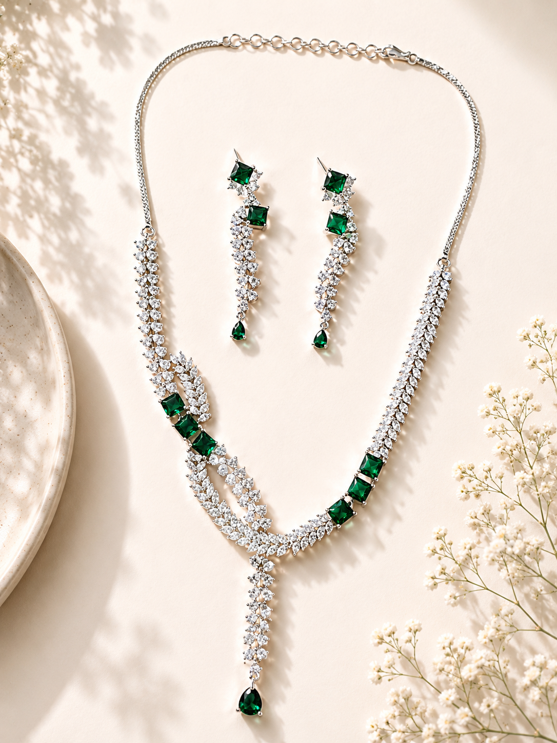 Emerald Green American Diamond Layered Necklace Set | Abdesigns