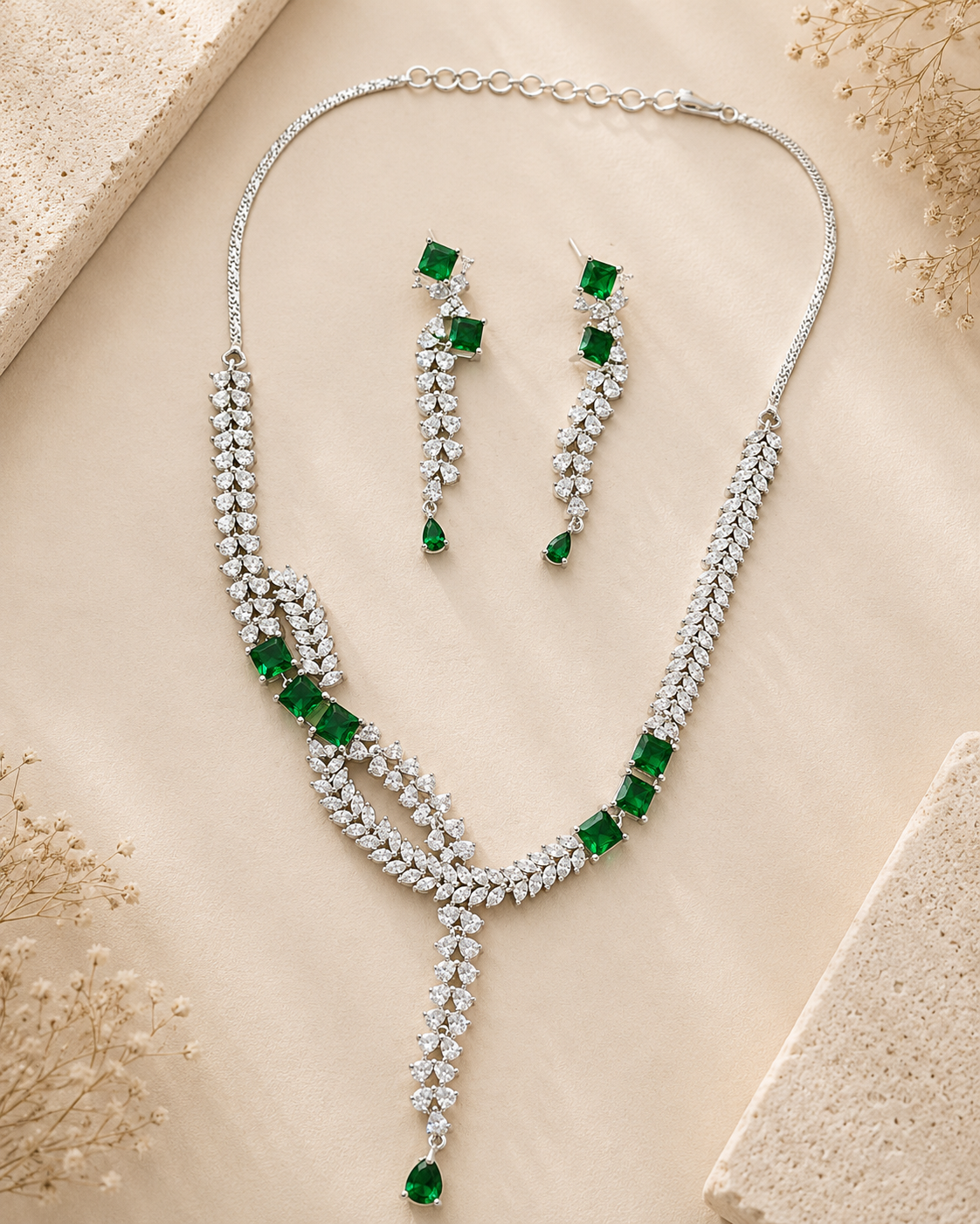 Emerald Green American Diamond Layered Necklace Set | Abdesigns