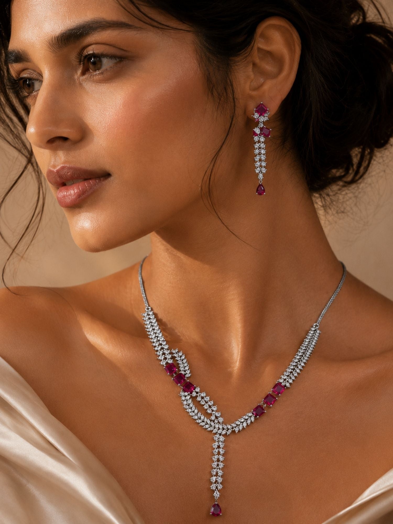 Emerald Green American Diamond Layered Necklace Set | Abdesigns