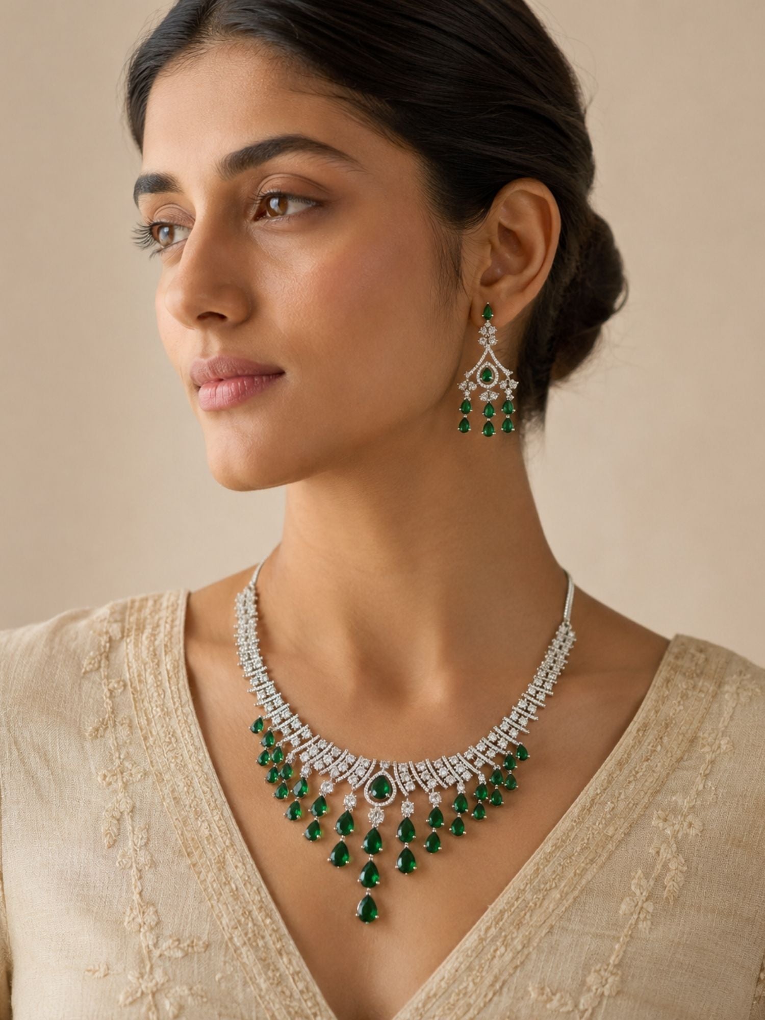 Ruby Stone Emerald Trendy Festive Glam Necklace Set | Abdesigns