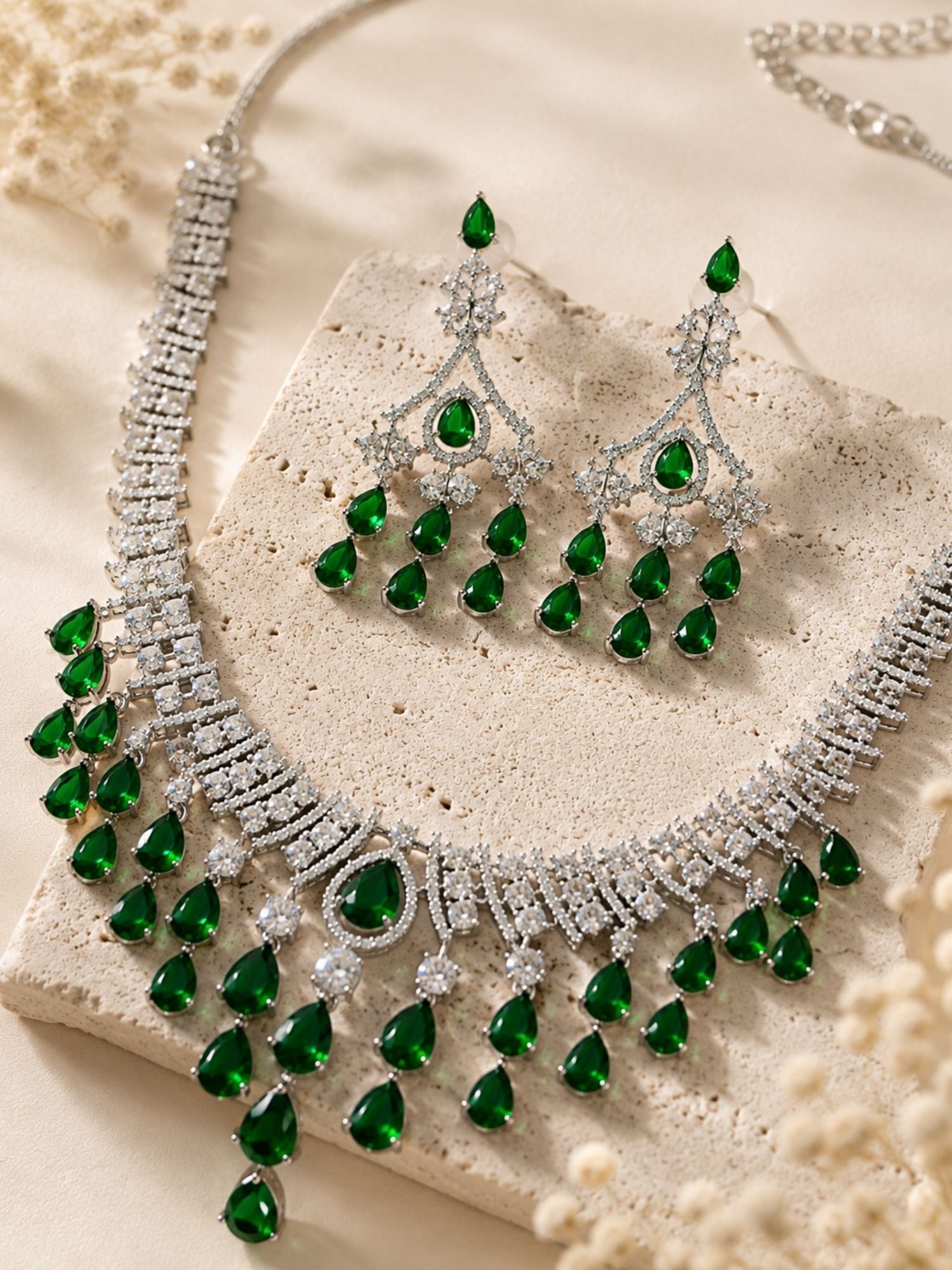 Ruby Stone Emerald Trendy Festive Glam Necklace Set | Abdesigns