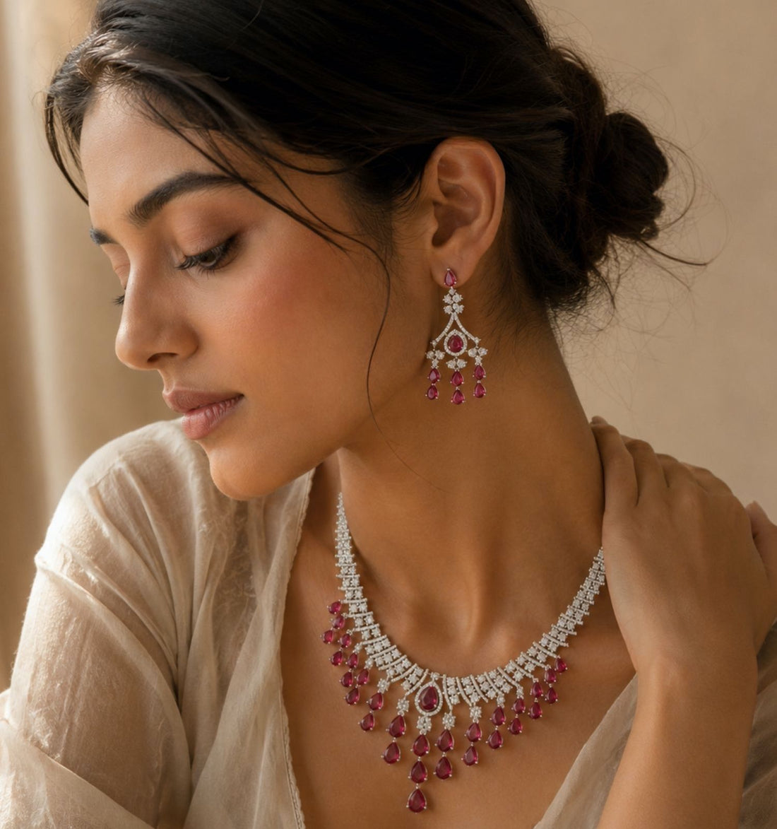 Ruby Stone Emerald Trendy Festive Glam Necklace Set | Abdesigns