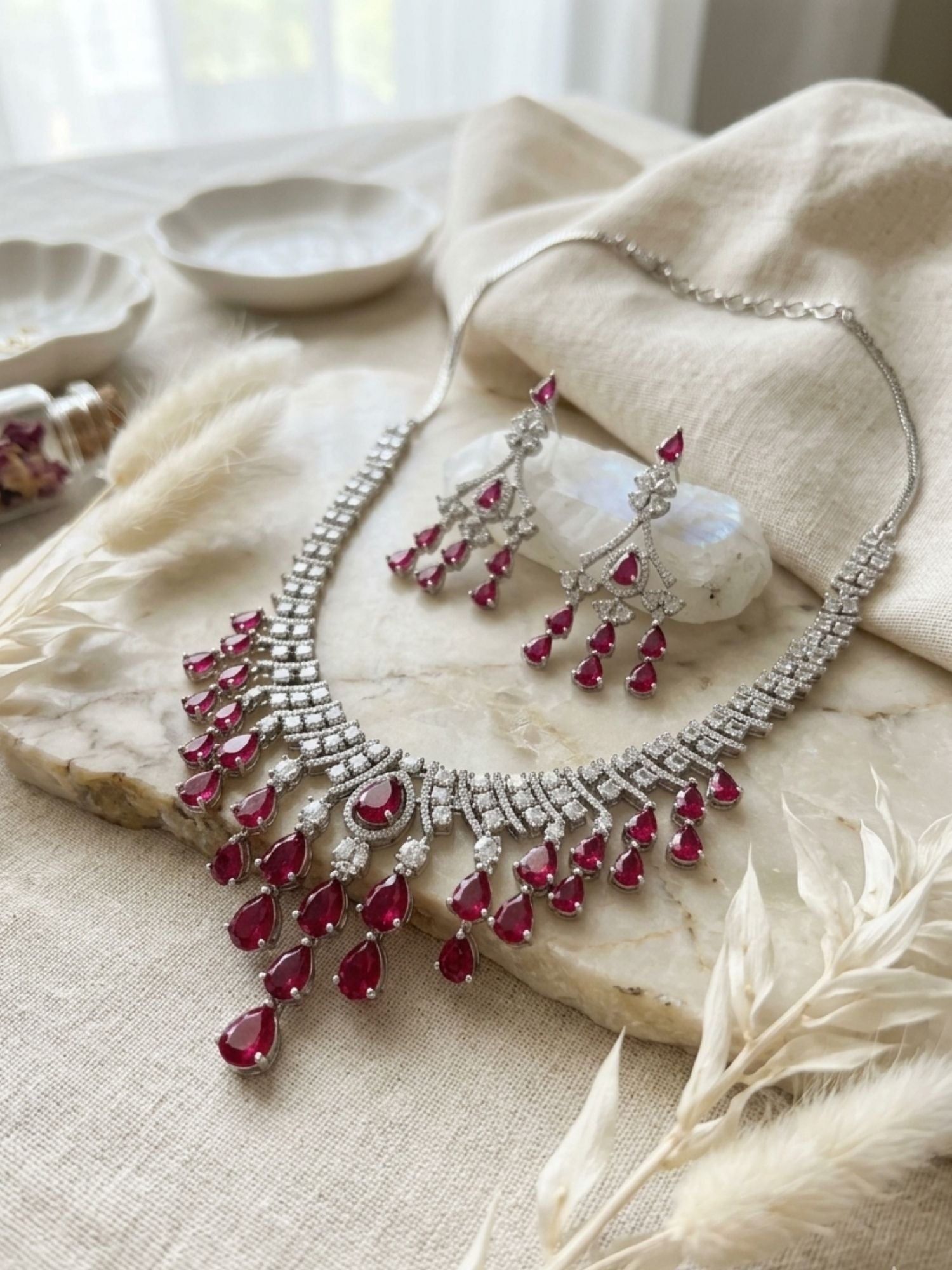 Ruby Stone Emerald Trendy Festive Glam Necklace Set | Abdesigns