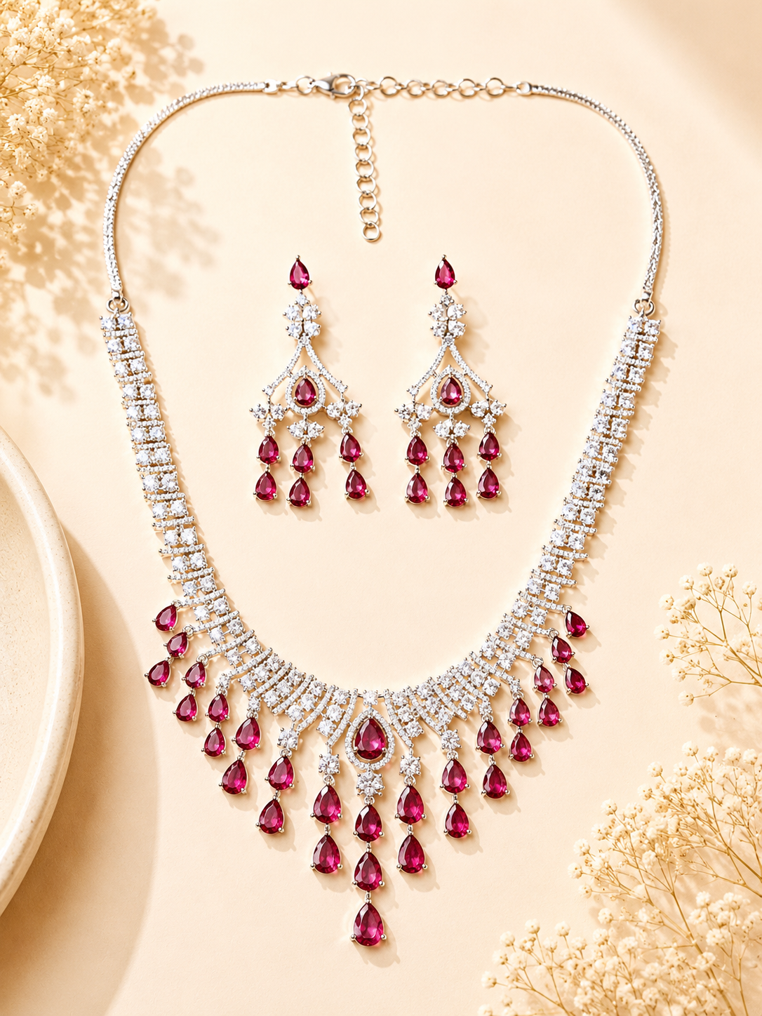 Ruby Stone Emerald Trendy Festive Glam Necklace Set | Abdesigns