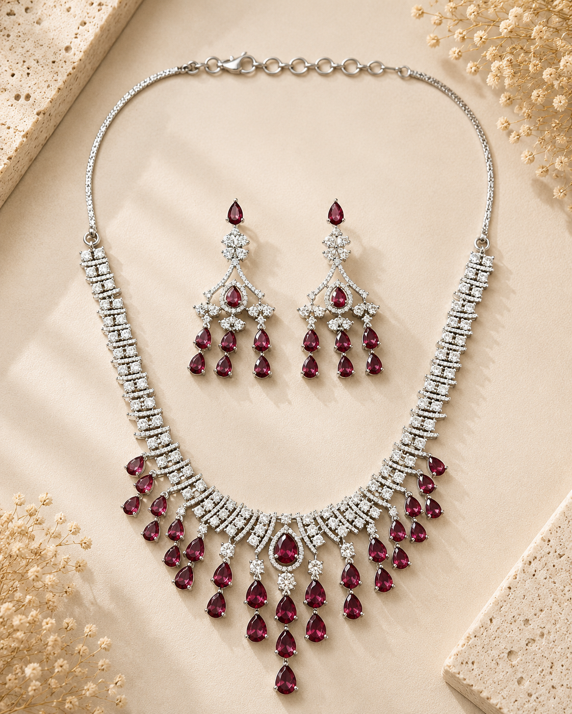 Ruby Stone Emerald Trendy Festive Glam Necklace Set | Abdesigns