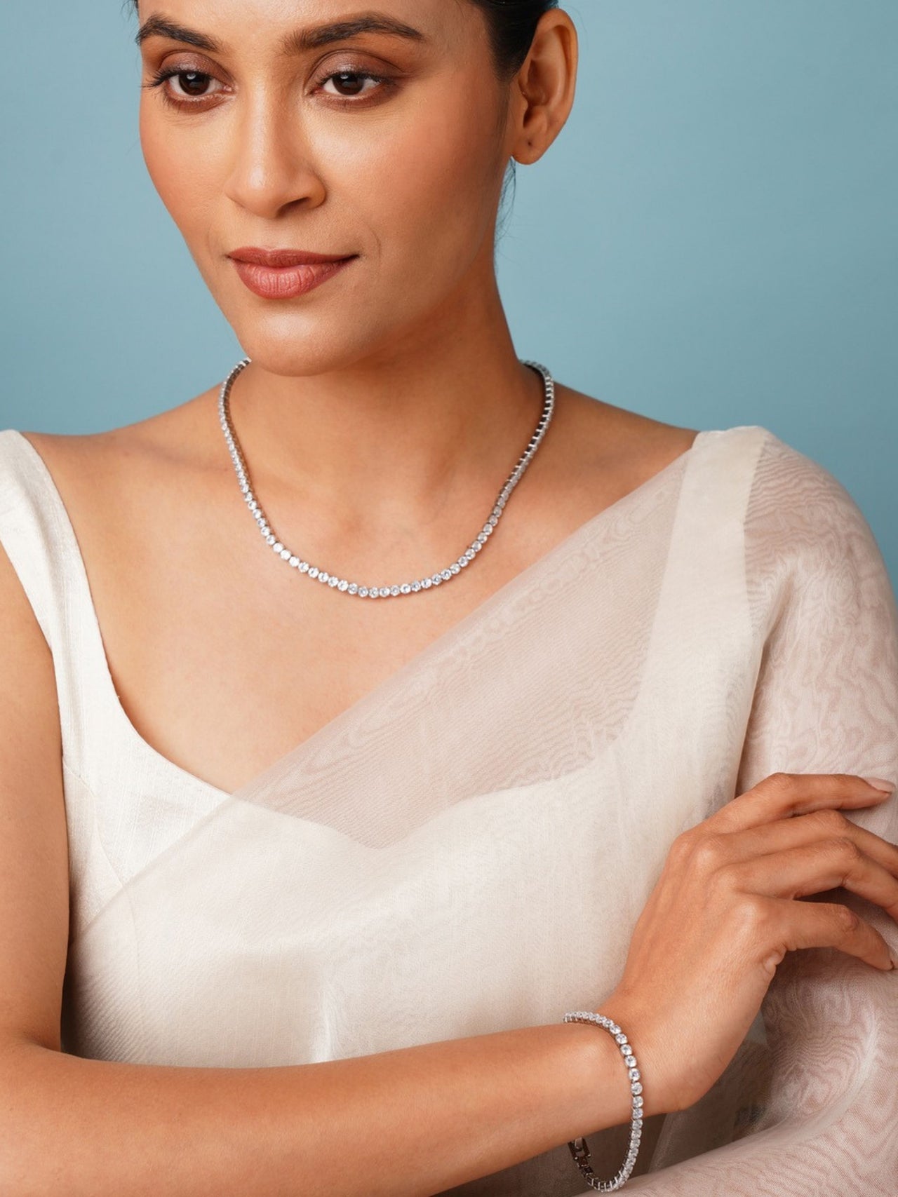 Round Silver Plated American Diamond Bracelet Chain Combo Set