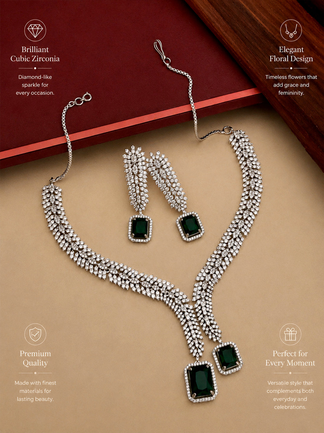 Abdesigns Jewellery Elegant Swarovski Necklace Set worn by woman with matching earrings featuring blue gemstones