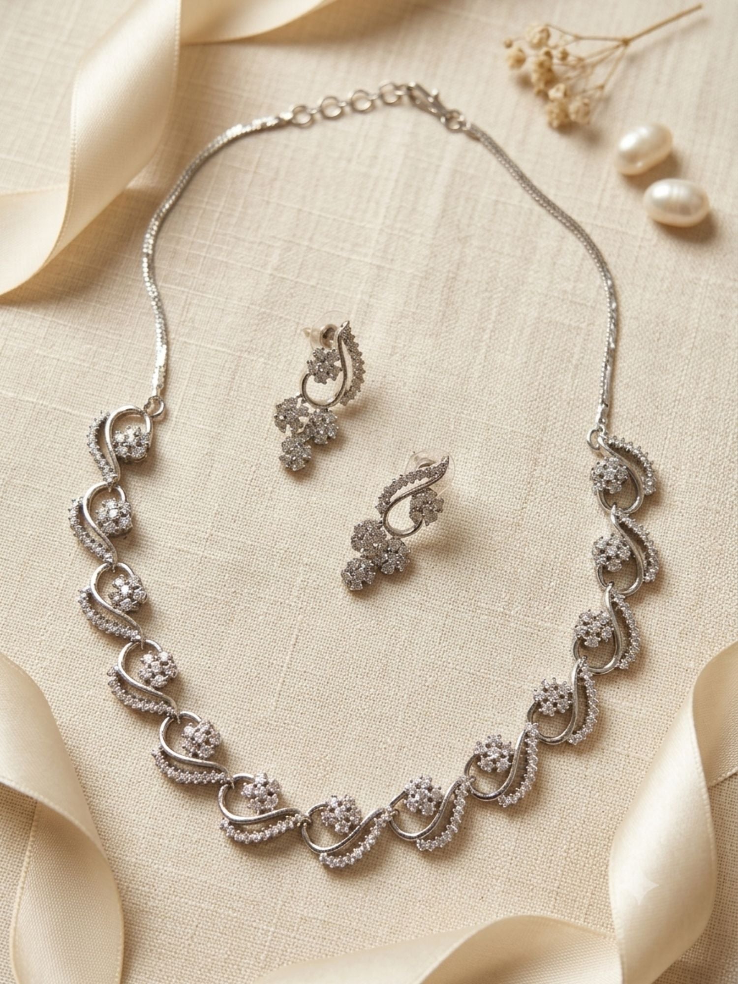 Floral American Diamond Necklace Set with Earrings – Gold, Rose Gold & Silver Plated | Abdesigns