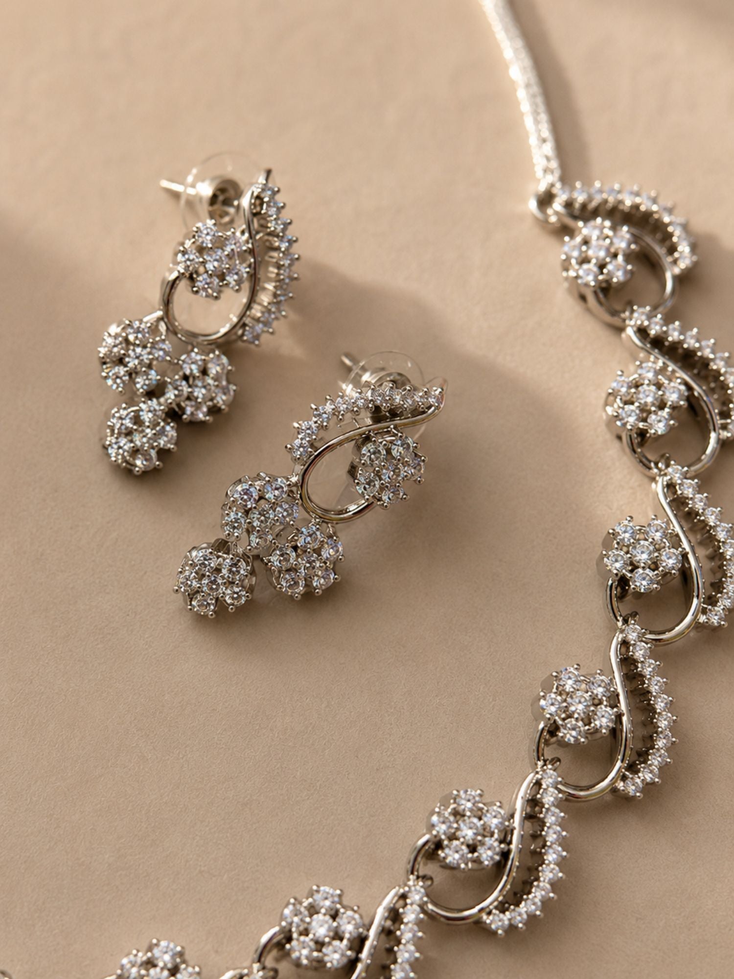 Floral American Diamond Necklace Set with Earrings – Gold, Rose Gold & Silver Plated | Abdesigns