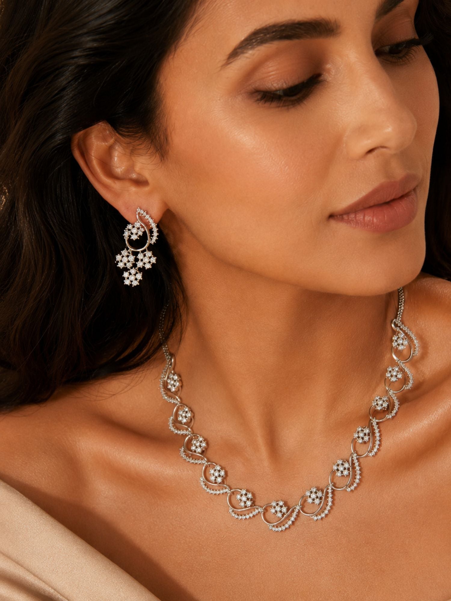 Floral American Diamond Necklace Set with Earrings – Gold, Rose Gold & Silver Plated | Abdesigns